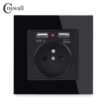 Coswall кристалл стеклянная панель двойной USB порт зарядки 2.1A настенное зарядное устройство адаптер со светодиодным индикатором 16А французская розетка питания черный цвет