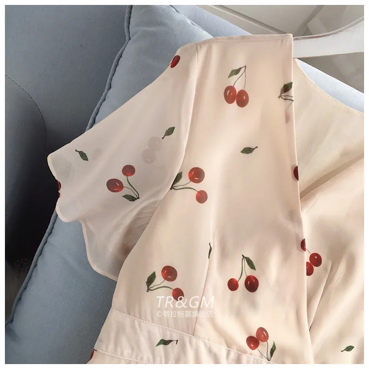 Летнее милое женское шифоновое платье с вишневым принтом во французском стиле, женское платье с коротким рукавом и вишневым принтом, женское мини короткое платье с цветочным рисунком