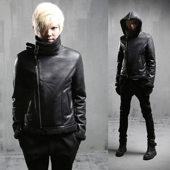 Image The new warm coat tide male Korean Slim leather fashion personality lambs wool hooded leather W97 P195