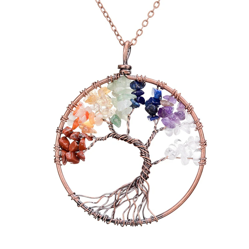 

2019 7 Chakra Tree Of Life Pendant Necklace Copper Crystal Natural Stone Necklace Quartz Stones Pendants Women Christmas Gift