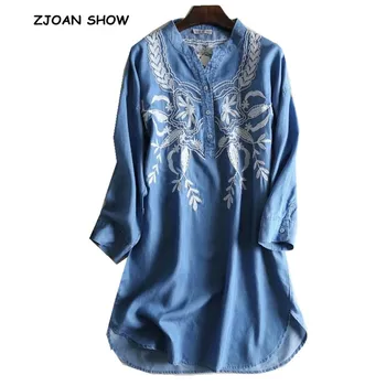 

2019 New Spring V neck Casual Flower Embroidery Denim Dress Women Vintage Ethnic Split Hem Jeans Shirt Dresses Vestidos Robe