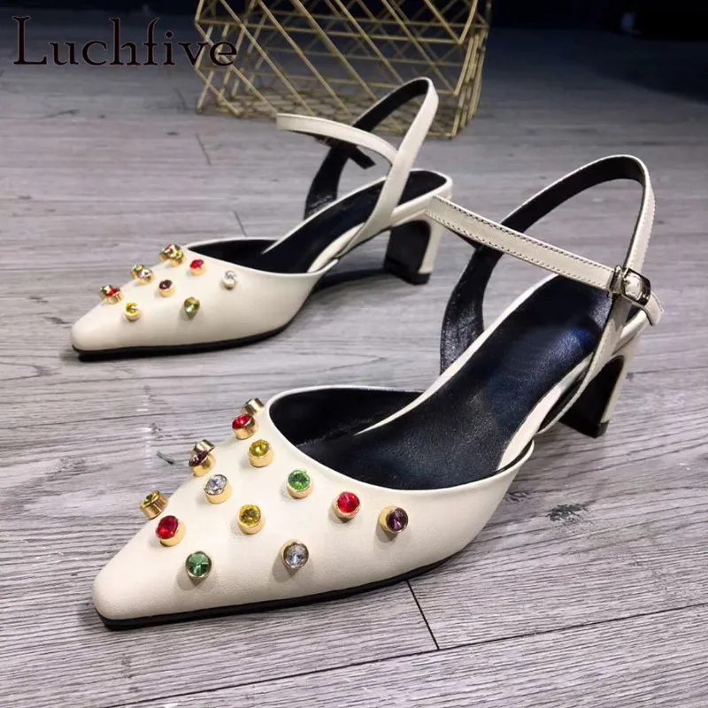 

Runway crystal Rhinestone rivets studded Women Pumps slingback pointed Toe summer sandals kitten Heels crystal Shoes women
