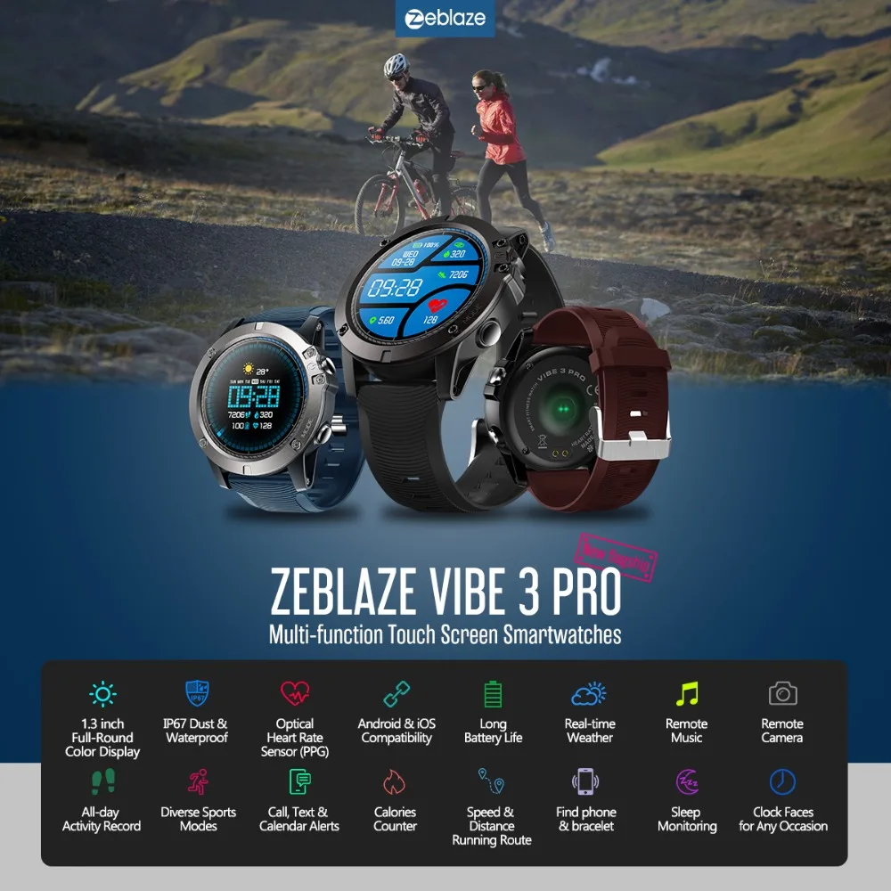 

Zeblaze VIBE 3 PRO Color Touch Display Sports Smartwatch Bluetooth 4.0 IP67 Waterproof Weather Remote Music Sports Smart watch