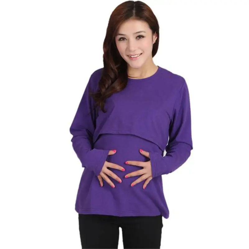 Горячая модная одежда для беременных 5 цветов футболка одежда для беременных Одежда для кормления футболка с длинными рукавами - Цвет: Фиолетовый