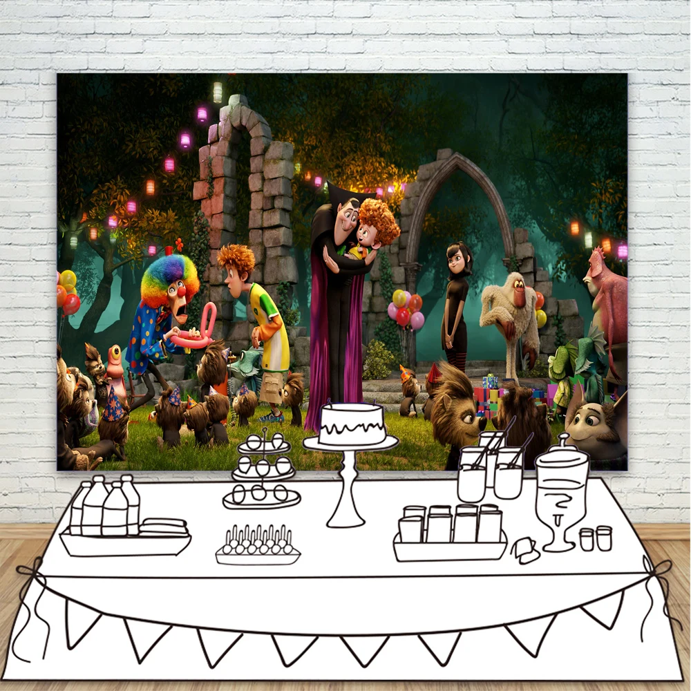 

Backdrop Hotel Transylvania 2 Summer Vacation Circus Clown Photo Background for Children Kids Birthday Wild Party Decoration