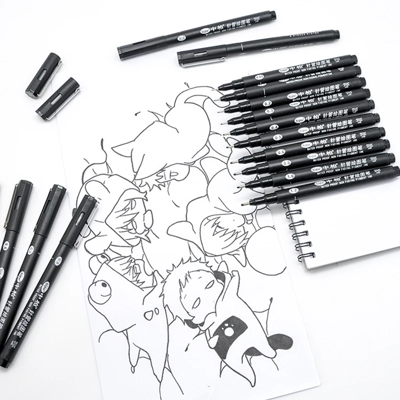 Художественный маркер, ручка разных размеров, черный пигмент, подводка на водной основе для рисования, почерк