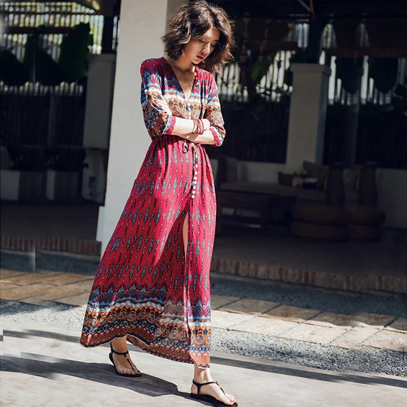 

Women Bohemian Half Sleeve Deep-V Neck Printed Button down Cardigan Long Dress 2019 Summer New Style tai fg Beach Resort dress S
