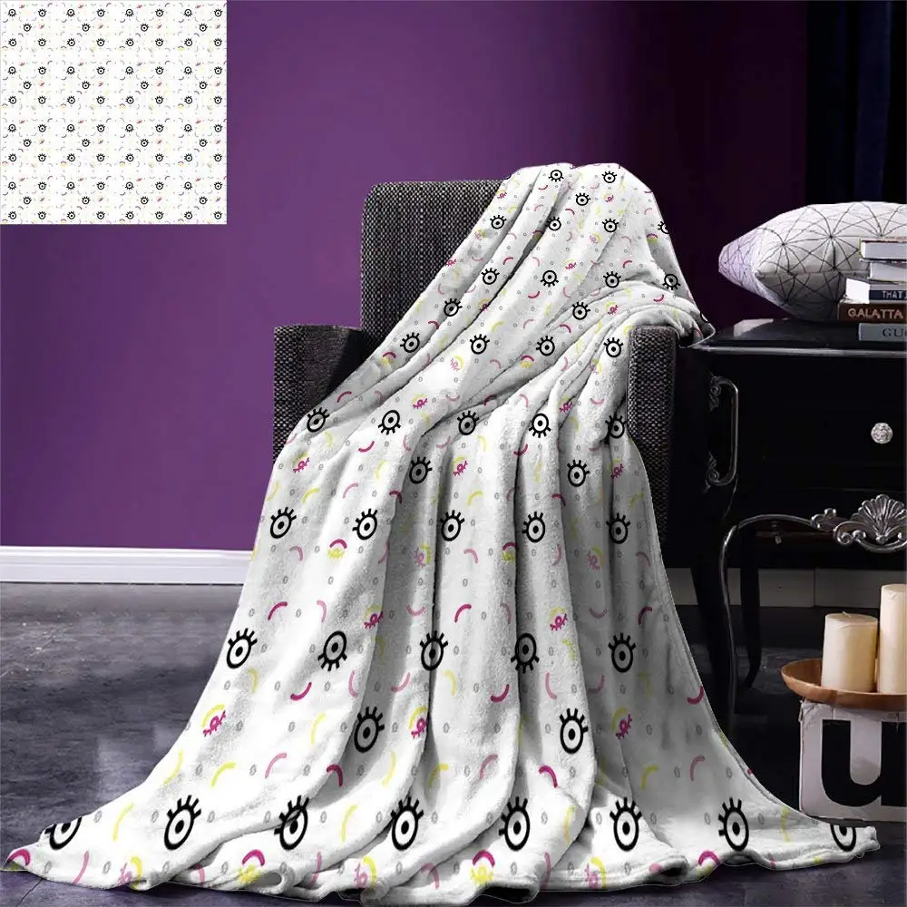 

Eyelash Throw Blanket Childish Pattern with Abstract Eyes Dots and Curves Cute Cartoon Style Fun Warm Microfiber Blanket