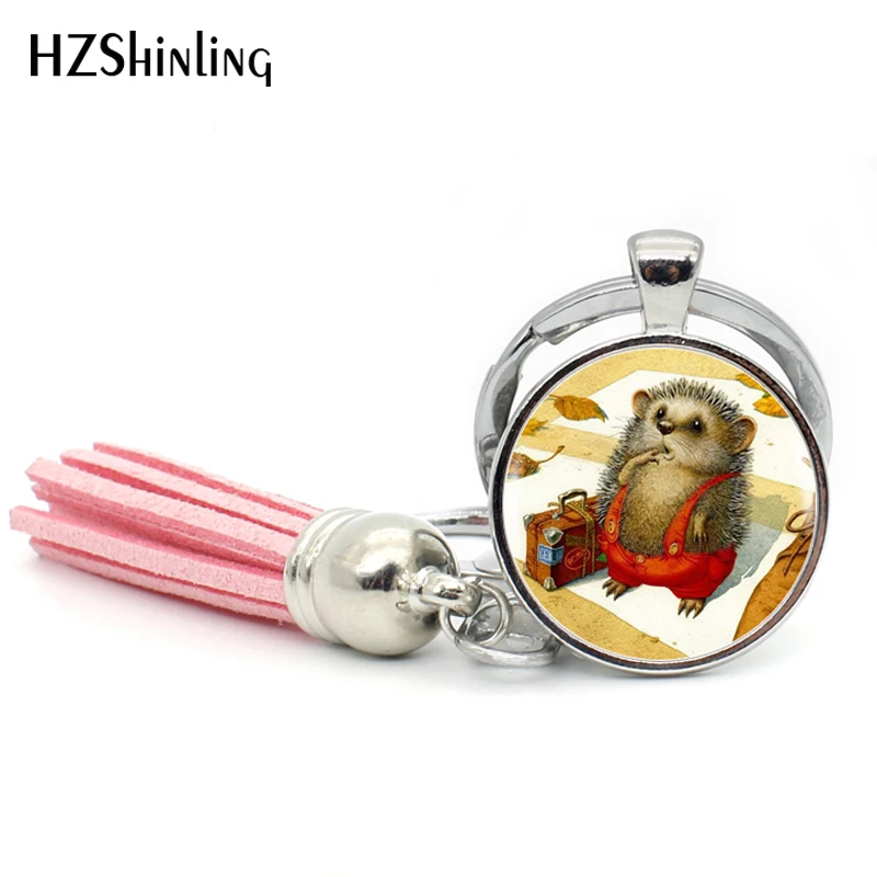 

2017 Fashion Hedgehog Tassel Keychain Cute Hedgehogs Keyring Handmade Glass Dome Key Chain Silver Gifts For Animal lovers