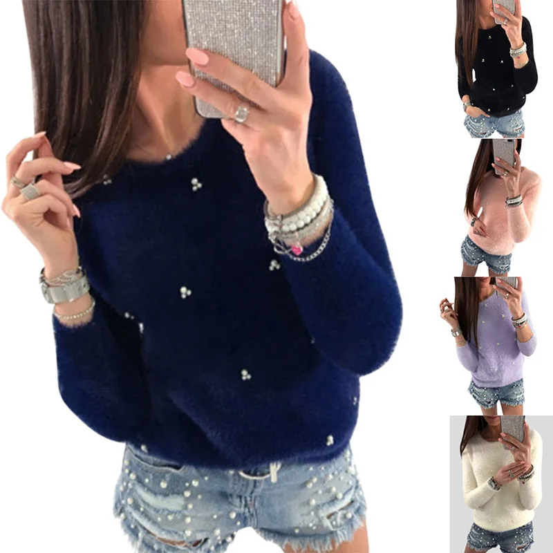 

Autumn Winter Women Clothing Long Sleeve Shirt O Neck Pullover Fluffy Tops Lady Casual T-Shirts -MX8
