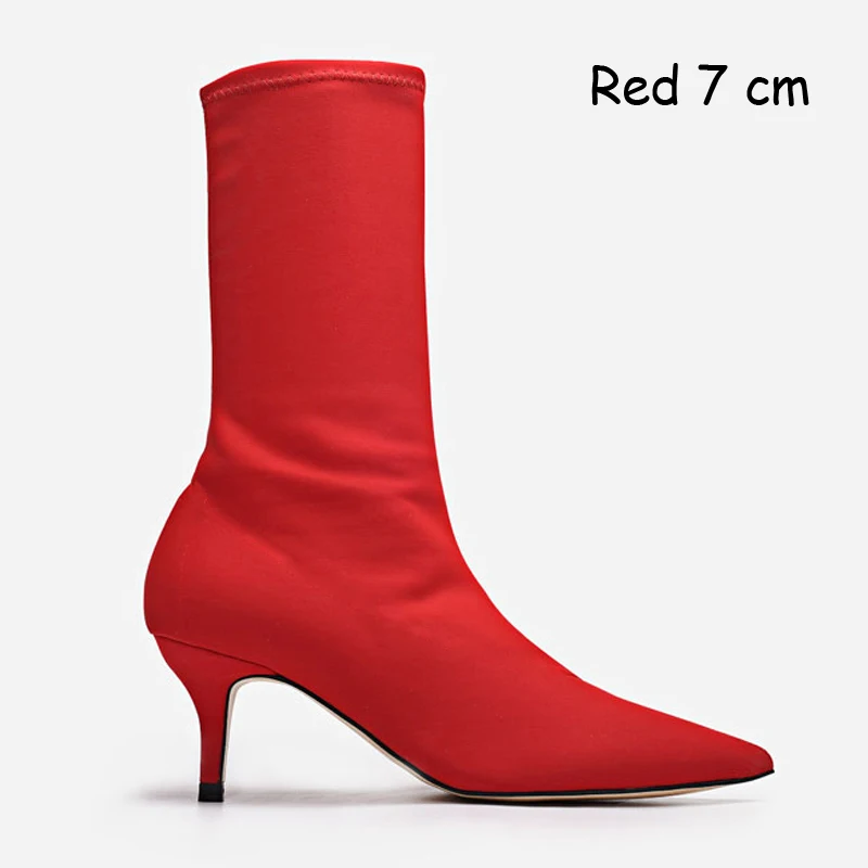 Teahoo/синие женские сапоги-носки; ботильоны для женщин с острым носком; эластичные сапоги на высоком каблуке; женские слипоны; женские туфли-лодочки на шпильке; Botas - Цвет: Red 7 cm Boots