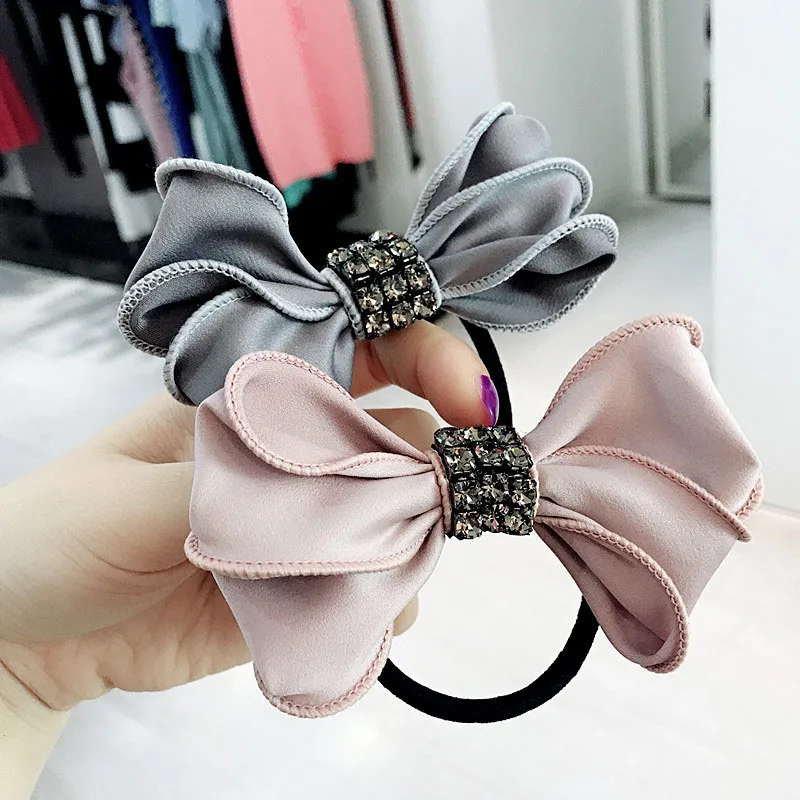 New Rhinestone Knotted Fabric Bow Elastic Hair Bands for Women Solid Color Hair Ring Rubber Rope Girls Hair Accessories Tiara