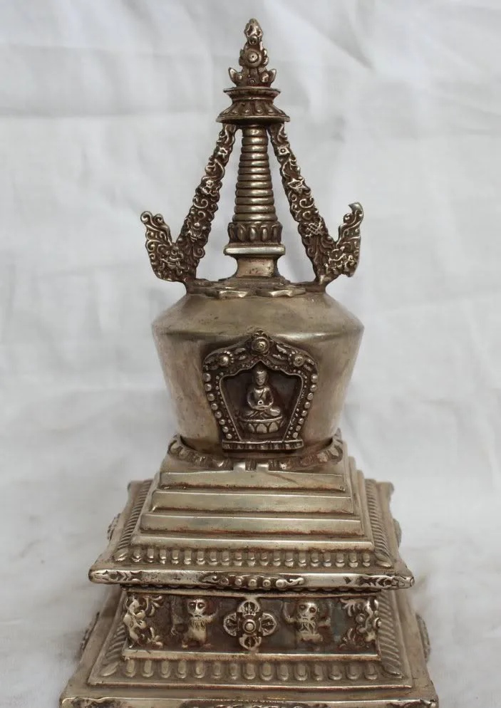 

8" Tibet Tibetan Buddhism Ritual Silver Lama Teacher Buddhist Stupa Pagoda Nepal free shipping