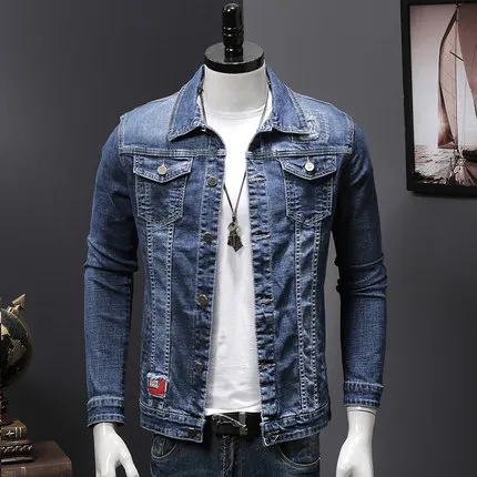 Chaqueta de mezclilla elástica delgada de un solo pecho para hombre tela de alta calidad abrigo de mezclilla azul para hombre trabajo fino, no se desvanecen - 2