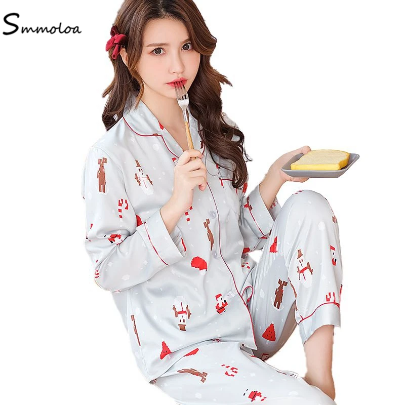 

Smmoloa New Women Pyjamas Silk Long Sleeve Pajamas Set Print Sleepwear Sets Women Homewear