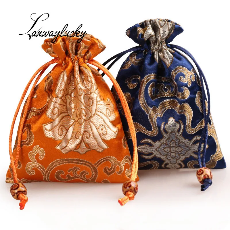

11x14cm Flower Pattern GIfts Bags Thicken Rich Small Jewelry Pouches Drawstring Silk Brocade Packaging Bag Trinket Perfume Pouch