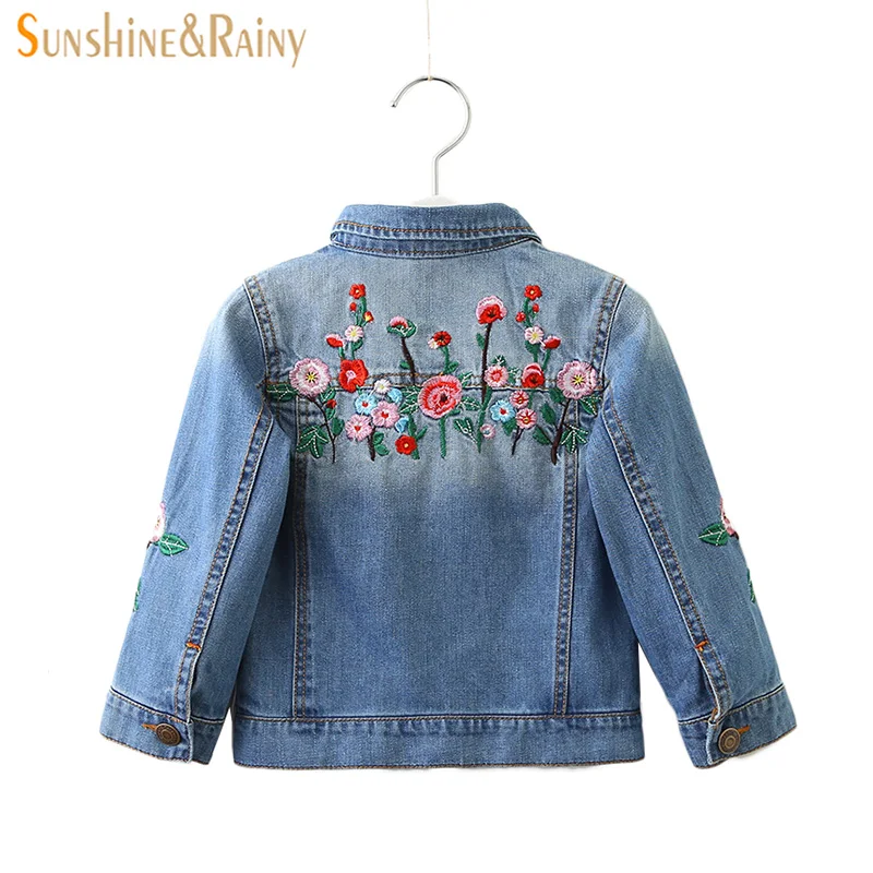 

Sunshine & Rainy Spring Jeans Jacket For Girls Floral Embroidery Denim Girl Coat Pockets Long Sleeve Children's Outerwear 2018