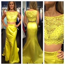 Shinning Mermaid Zweiteiler Brautkleider 2016 Frauen Satin Spitze Hellgelb Abendkleid Lange Formale Prom Party Kleider RT71