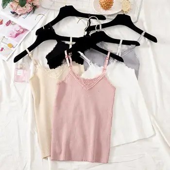 

Womens Summer Spaghetti Straps Tank Top Ribbed Knitted Solid Color Sexy Eyelash Lace Trim Camisole V-Neck Basic Underwear Vest