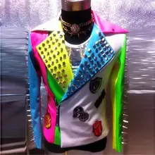 PU Leather Male Singer Outwear with Rivet Fashion Multicolored Stage Wear Clubwear Nightclub Dancer Costume DH