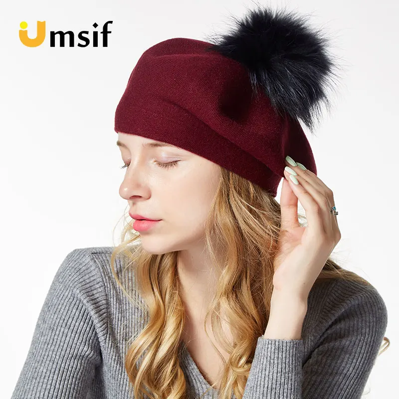 

2019 Women's Winter Warm Knitted Hats Wool skullies & beanies For Women Solid Color Beanies Hat with Fur Pompoms Female Caps