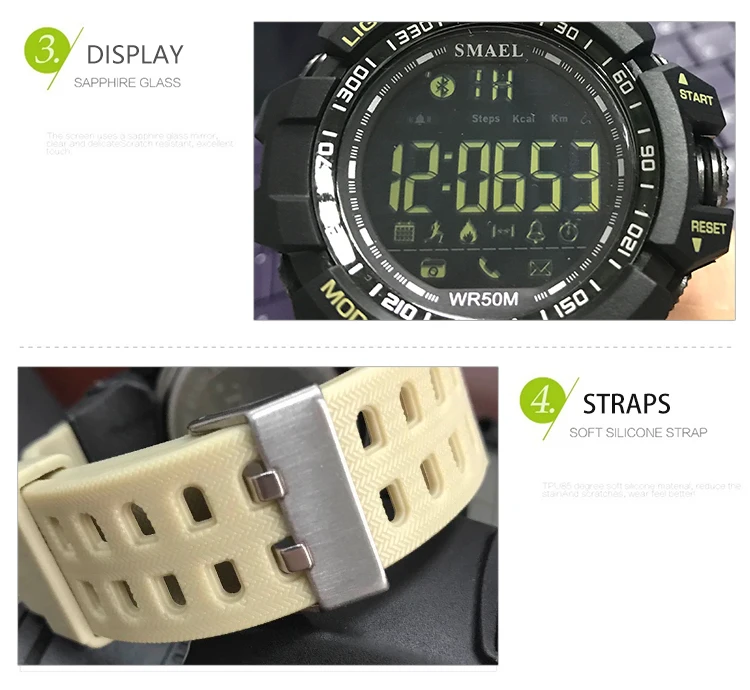 Мужские Цифровые спортивные мужские часы Smael бренд Kahki стиль Bluetooth ссылка светодиодный наручные часы для мужчин s Хронограф Авто Дата 1617B
