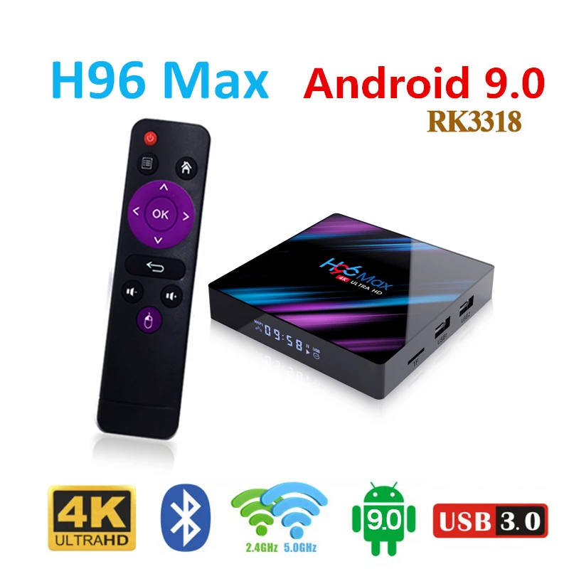 

H96 MAX tv box Media Player Android 9.0 Rockchip RK3318 WiFi 2.4G/5G USB3.0 H.265 4GB Ram 32GB/64GB Rom H96 MAX Smart TV Box