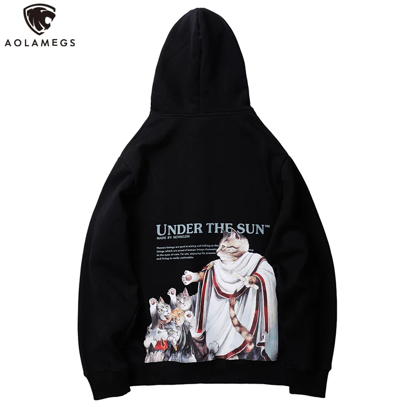 

Aolamegs Men Sweatshirts Cat Funny Print Hooded Pullovers Casual Thick College Style Long Sleeve Harajuku High Street Male Tops