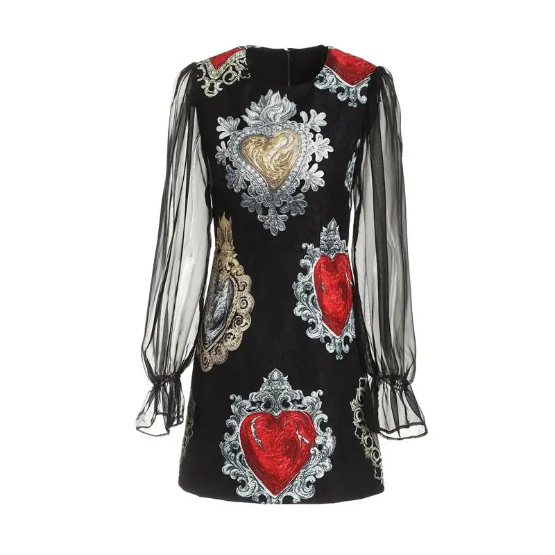 

Women Dress 2019 High Quality Spring Summer Designer Runway O-Neck Lantern Sleeve Printed Fashion Mini Dresses NP0076