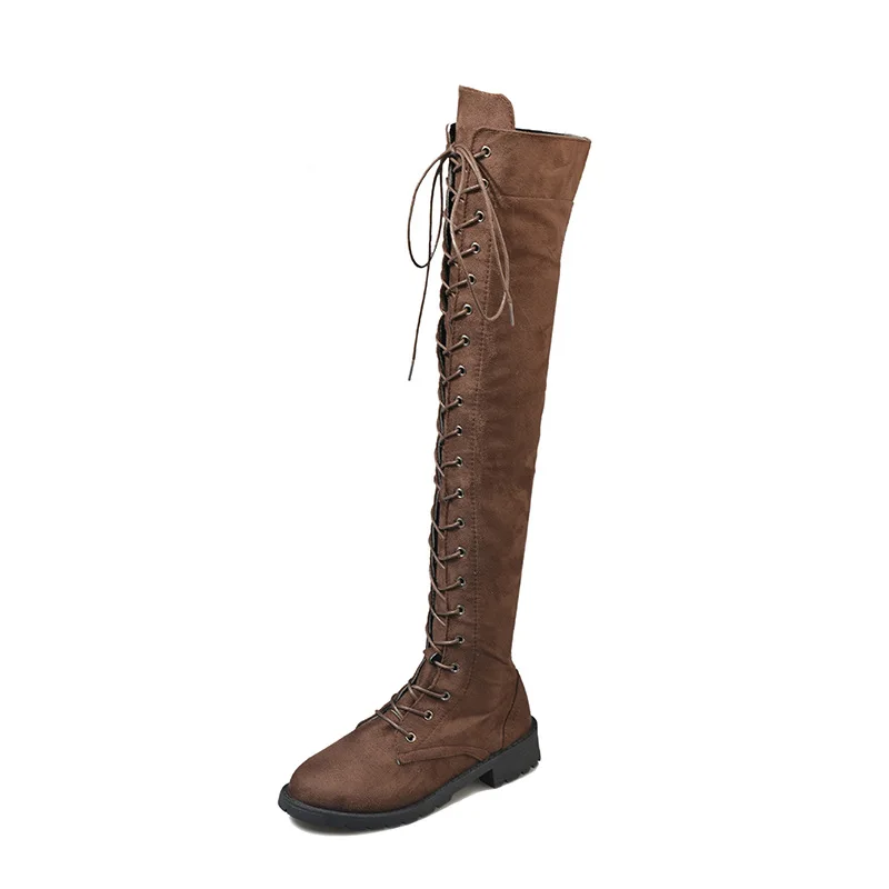 

2018 autumn and winter new European and American large size boots with knees flat round head boots brwon 1022