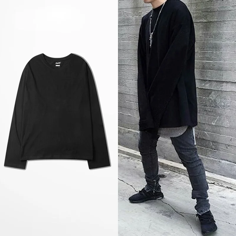 

Solid Full Length Knitted T Shirt Men O Neck Tee Shirt Man 100% Cotton Hip Hop Tshirt 2019 Extend T-shirt