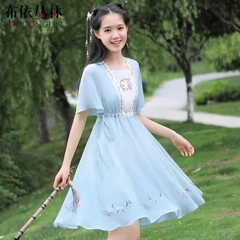 

Chinese Style Costume Girl Hanfu Improved Dress Summer Cherry Blossom Super Fairy Han Junior High School Student Hanfu.