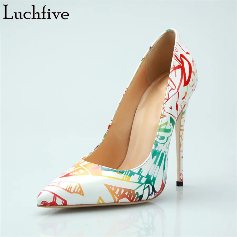 

Luchfive Watercolor Ink Pumps Women Spring Stilettos Genuine Leather Lady Single Shoes Runway Super High Heels Chaussures Femme