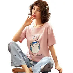 Женские пижамные комплекты 2019 новые весенние хлопковые милые розовые пижамы полная длина брюки дышащие принт мультяшного медведя милые