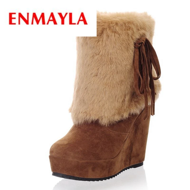 ENMAYLA 2018 New Fashion Lace-Up Wedges snow boots Winter warm Plush Fleeces Fur Faux Fur Mid-Calf High heel shoes ZYL061 lukuco pure color women mid calf snow boots with faux fur design high quality pu made med wedges heel shoes