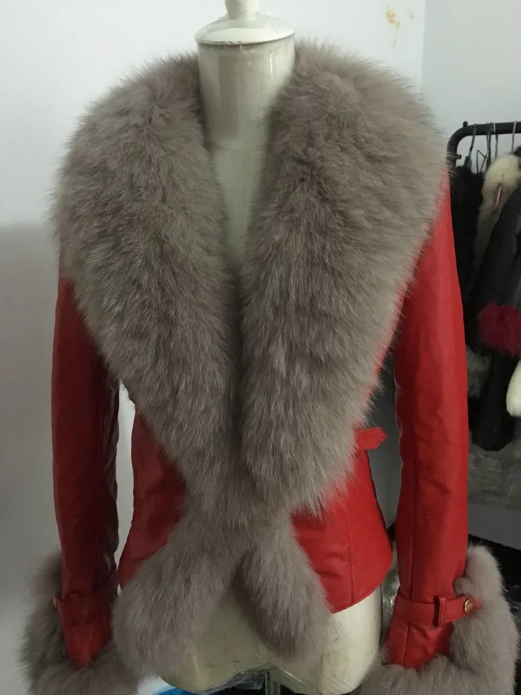 Новинка года для женщин из натуральной овечьей кожи куртка с большой натуральным лисьим меховой воротник плюс размеры femme пуховое пальт - Цвет: red grey fox fur