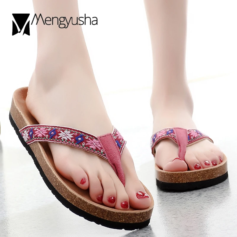 

ethnic flower embroider cork sandals women mixed color floral flip flops new designer thong slippers femme beach shoes 41 c549