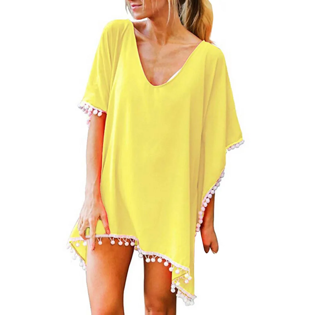 Женское однотонное бикини с помпонами, пляжный шифоновый купальник, свободное пляжное платье, пляжный купальник, парео, Saida De Praia - Цвет: Цвет: желтый