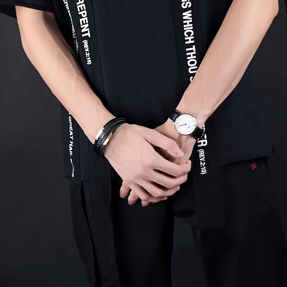 FATE LOVE Punk Male Men Statement Wrap Bracelet Bangles Black Leather Wristlet with Stainless Steel Charm Fashion Jewelry