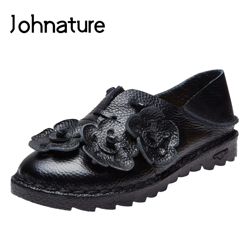 

Johnature 2019 New Spring/autumn Retro Genuine Leather Solid Round Toe Soft Soled Appliques Loafers Platform Loafers Women Flat