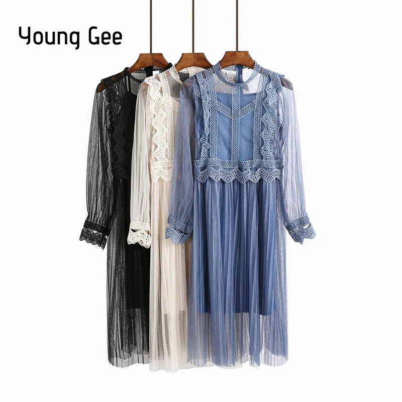Вечернее сетчатое платье Young Gee весна лето 2019 кружевное цветочное средней длины с
