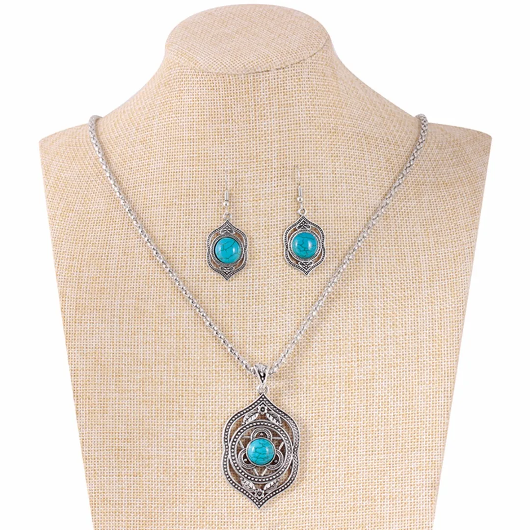 Retro Ethnic Natural Green Stone Pendant Necklace Bracelet Dangle Earrings Jewelry For Women Beach Wedding Jewelry Shellhard