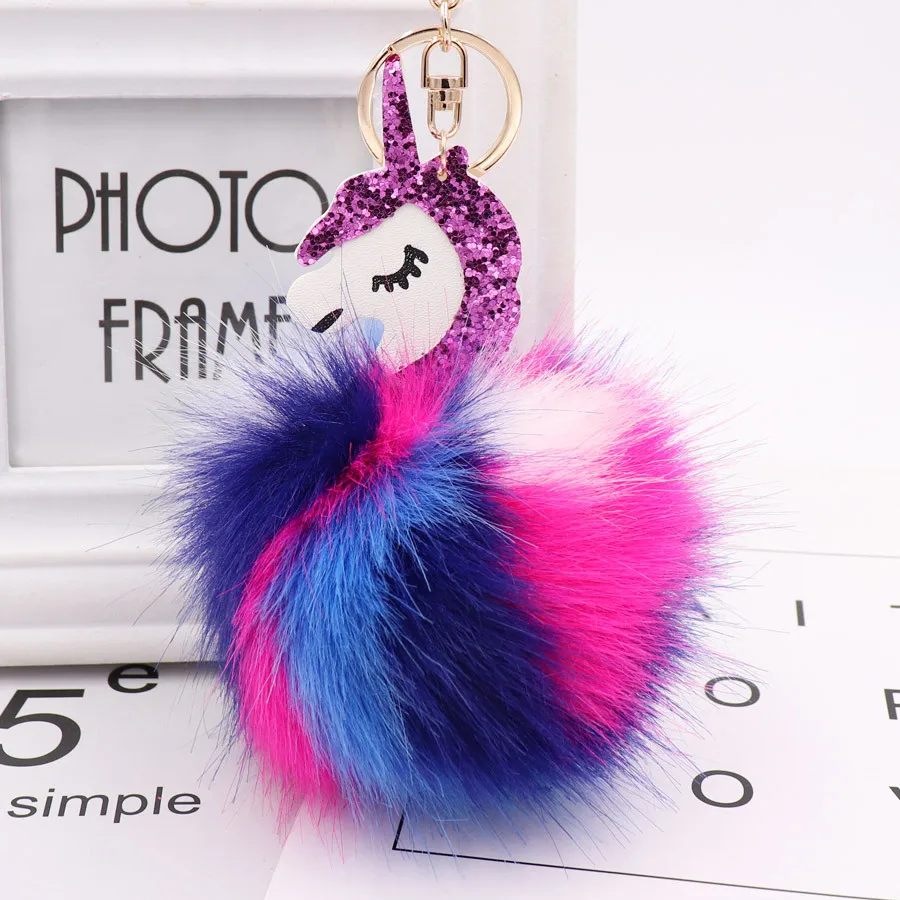 

1PC Lovely Unicorn Keychain Fluffy Rabbit Fur Ball Key Chain Pompom Artificial Rabbit Fur Key Ring Women Car Bag Pendant trinket