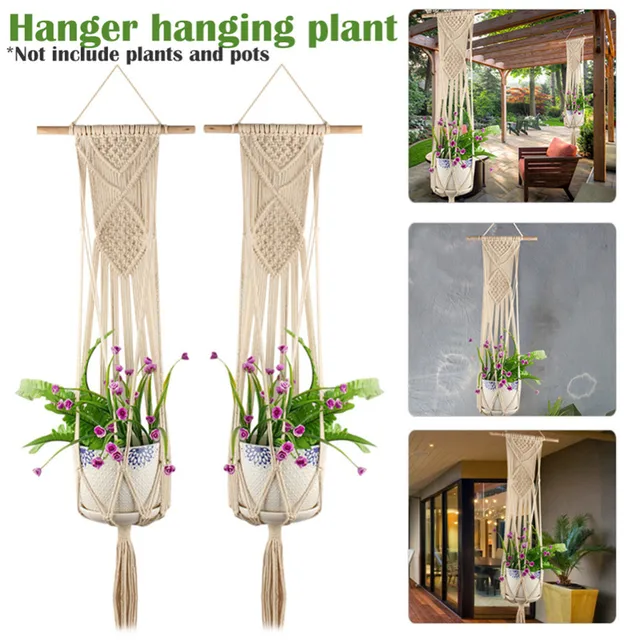 Vintage Knotted Plant Hanger Basket Green Flowerpot Macrame Lifting Rope Plant Hanger Pot Holder Garden Hanging Flower Display
