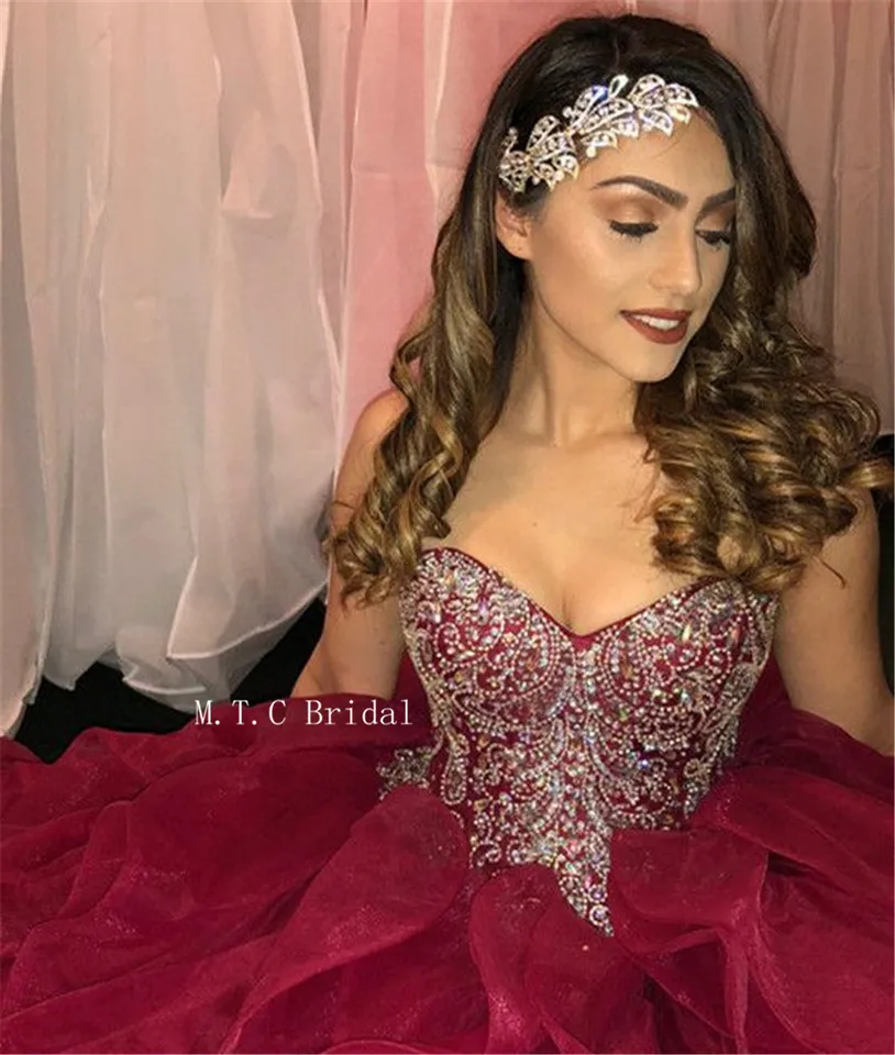 Amazing Burgundy Tiered Organza Ball Gown Quinceanera Dresses 2019