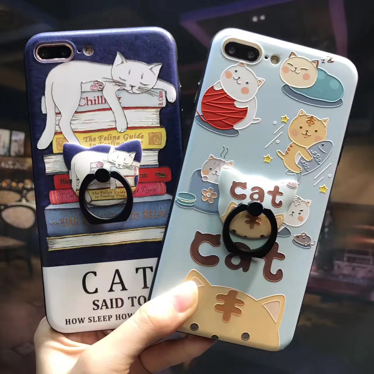 

Plating Button Case For iPhone 8 7Plus Funny Lovely Cat Pattern Cover For iPhone X XS 6 6S Plus Phone Cases with Stand Holder
