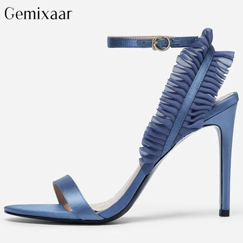 

Narrow Band Decor Pleated Women Sandals One Strap Open Toe Outdoor Shoes Thin Stiletto Heel Concise Chic Summer Sandals Woman