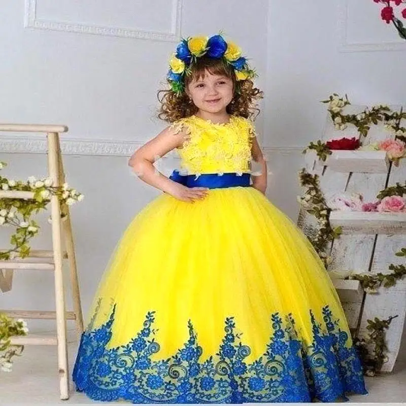 2018 Yellow Blue Ball Gown Flower Dresses For Weddings Lace 2018 Yellow Blue Ball Gown Flower Dresses For Weddings Lace Liqued Kids Evening Gowns S Pageant 5211548 In From