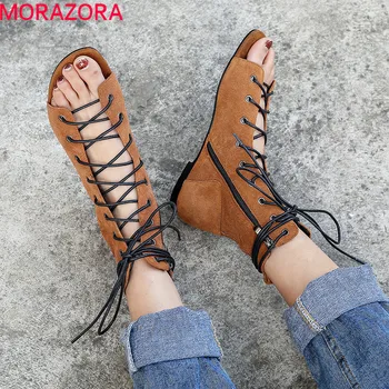 

MORAZORA 2019 hot sale ankle boots women cow suede summer boots cross tied flat shoes female gladiator sandals woman shoes