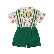 Летний модный деловой костюм для маленьких мальчиков зеленые штаны на подтяжках с бантом, футболки Рождественский комплект одежды, комплект из 2 предметов, От 6 месяцев до 5 лет